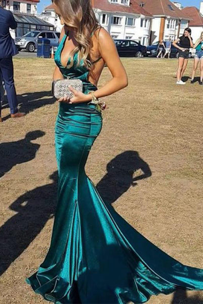 Mermaid V Neck Green Long Prom Dresses Evening Dresses with Backless PDA220 | ballgownbridal