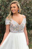 A-Line Square Sweep Train Cold Shoulder Empire White Tulle Prom Dress with Embroidery LR82