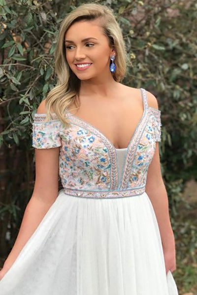 A-Line Square Sweep Train Cold Shoulder Empire White Tulle Prom Dress with Embroidery LR82