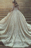 Ball Gown Jewel Chapel Train Long Sleeves White Lace Wedding Dress with Appliques AHC572