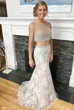 Two Piece Crew Neck Sweep Train Light Champagne Prom Dress with Beading PDA473 | ballgownbridal