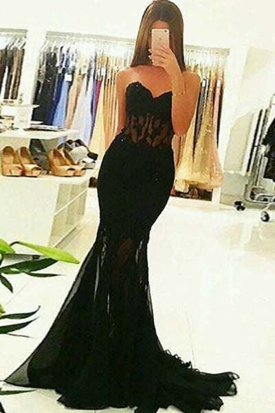 Mermaid Sweetheart Sweep Train Black Tulle Prom Dress with Appliques AHC501