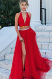 Chic 2 Pieces A-line High Neck Red Beading Tulle Long Prom Dress Evening Dress  PDA427 | ballgownbridal