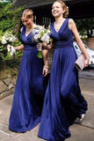 A-Line V-Neck Sleeveless Floor-Length Royal Blue Chiffon Bridesmaid Dress AHC654 | ballgownbridal