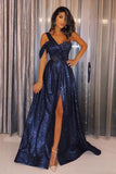 A-Line One-Shoulder Sweep Train Navy Blue Sequined Prom Dress with Split PDA395 | ballgownbridal