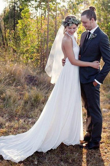 A-Line Halter Court Train White Sleeveless Chiffon Wedding Dress with Lace AHC584 | ballgownbridal