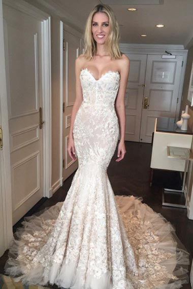 Mermaid Sweetheart Court Train Champagne Tulle Wedding Dress with Appliques Lace AHC594
