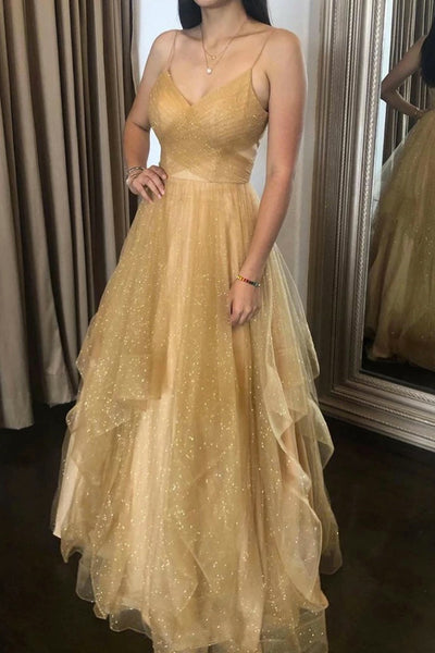 Gold Champagne Tulle Spaghetti Straps V Neck Open Back Long Prom Dress PDA239 | ballgownbridal