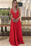 A-Line Deep V-Neck Floor-Length Red Chiffon Backless Prom Dress with Beading LR472 | ballgownbridal