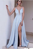 Blue A Line Brush Train Deep V Neck Sleeveless Side Slit Prom Dress AHC550