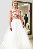 Two Piece Bateau Sweep Train White Tulle Sleeveless Open Back Embroidery Prom Dress LR140