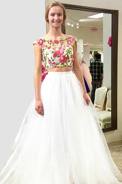 Two Piece Bateau Sweep Train White Tulle Sleeveless Open Back Embroidery Prom Dress LR140