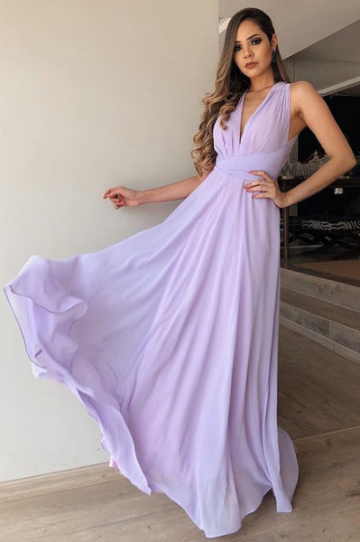 A-Line V-Neck Floor-Length Lilac Chiffon Prom Bridesmaid Dress PDA376 | ballgownbridal