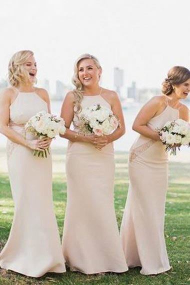 Mermaid Square Floor-Length Light Champagne Bridesmaid Dress with Lace AHC602