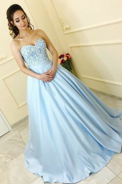 A-Line Sweetheart Sweep Train Light Blue Prom Dress with Appliques PDA311 | ballgownbridal