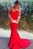 Mermaid Spaghetti Straps Sweep Train Sleeveless Red Stretch Satin Prom Dress AHC658 