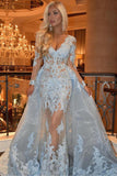 Mermaid V-Neck Long Sleeves Light Blue Organza Overskirt Prom Dress with Appliques PDA338 | ballgownbridal