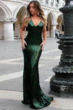 Mermaid Deep V-Neck Criss-Cross Straps Hunter Sequined Prom Dress AHC531