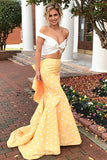Two Piece Off-the-Shoulder Sweep Train Spots Yellow Satin Prom Dress with Ruffles LR