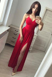 A-Line Spaghetti Straps Floor-Length Red Chiffon Sleeveless Split Prom Dress LR309