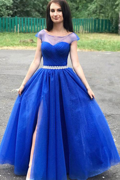 Royal Blue Tulle Cap Sleeve Long Prom Dress With Slit PDA425 | ballgownbridal