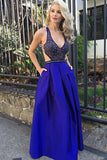 A-Line Deep V-Neck Floor-Length Royal Blue Satin Beaded Prom Dress with Lace LR474 | ballgownbridal