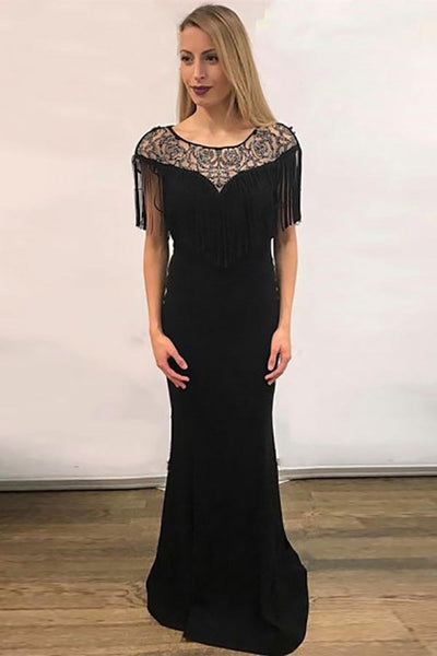 Mermaid Crew Sweep Train Black Stretch Satin Prom Dress with Beading Tassel LR104
