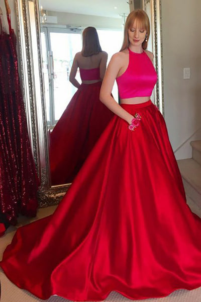 Two Piece Jewel Sweep Train Red Satin Prom Dress with Appliques Pockets LR289