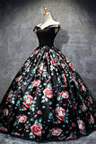 Ball Gown Off-the-Shoulder Sweep Train Black Printed Satin Sleeveless Prom Dress LR204