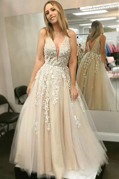 A-Line Deep V-Neck Sweep Train Champagne Tulle Backless Prom Dress with Appliques LR47