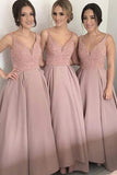A-Line Deep V-Neck Floor-Length Blush Satin Bridesmaid Dress with Beading AHC606 | ballgownbridal