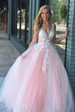 A-Line V-Neck Floor-Length Pink Prom Dress with Appliques Pearls ODA016 | ballgownbridal