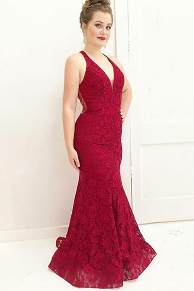 Mermaid Deep V-Neck Sweep Train Dark Red Lace Sleeveless Prom Dress with Beading LR112