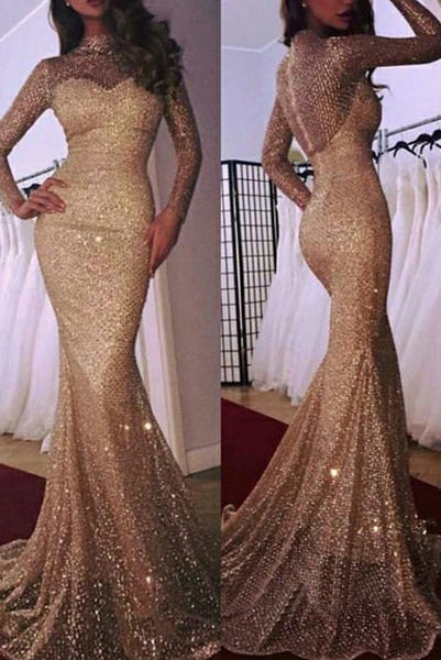 Mermaid Champagne Prom Dresses with Sleeve High Neck Evening Dresses PDA217 | ballgownbridal
