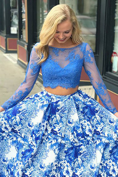 Two Piece Bateau Sweep Train Long Sleeves Blue Printed Satin Prom Dress with Beading Lace LR89