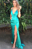 Mermaid Deep V-Neck Backless Sweep Train Turquoise Prom Dress PDA272 | ballgownbridal