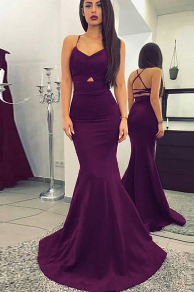 Mermaid Spaghetti Straps Backless Sweep Train Purple Prom Dress PDA330 | ballgownbridal