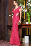 Mermaid Deep V-Neck Sweep Train Cut Out Fuchsia Lace Sleeveless Prom Dress LR446 | ballgownbridal