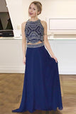 Two Piece Jewel Sweep Train Royal Blue Chiffon Sleeveless Prom Dress with Beading LR141