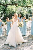 A Line Brush Train Deep V Neck Sleeveless Layers Wedding Dress AHC562 | ballgownbridal