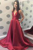 A-Line Deep V-Neck Sweep Train Dark Red Satin Sleeveless Backless Pockets Prom Dress  LR265