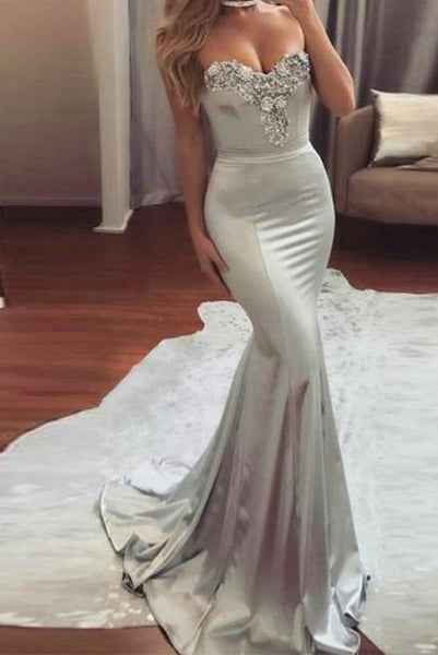 Sweetheart Mermaid Long Prom Dresses Gray Evening Dresses with Appliques PDA225 | ballgownbridal