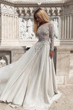 A-Line Bateau Backless Light Grey Prom Dress Long Sleeves Beaded Evening Dress PDA359
