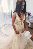 Charming V Neck Lace Handmade Appliques Wedding Dresses AHC570 | ballgownbridal