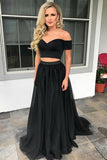 Two Piece Off-the-Shoulder Sweep Train Black Tulle Sleeveless Prom Dress LR53