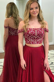 Two Piece Off-the-Shoulder Sweep Train Burgundy Chiffon Prom Dress with Beading LR73
