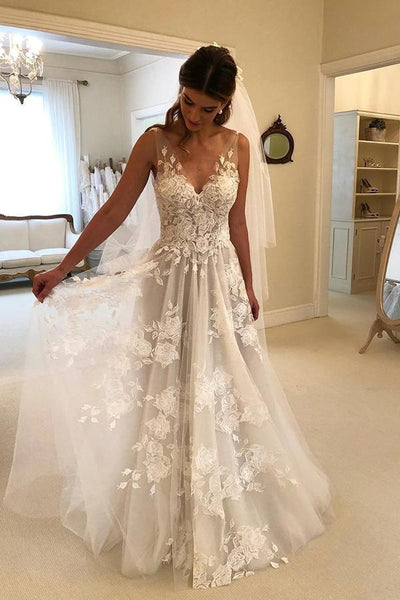 Gorgeous Off Shoulder Sweetheart Low Back Lace Wedding Dresses Long Bridal Dress AHC561
