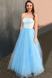 A-Line Strapless Floor-Length Light Blue Prom Dress with Lace Beading LR37