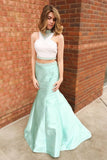 Two Piece High Neck Floor-Length Mint Green Satin Prom Dress with Beading PDA450 | ballgownbridal