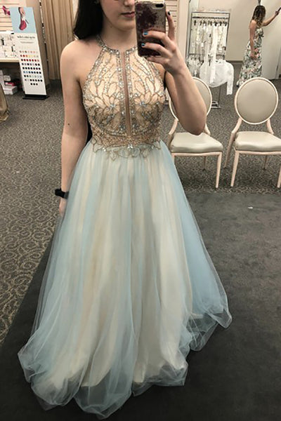 A-Line Jewel Sweep Train Sage Tulle Prom Dress with Appliques Beading LR313
